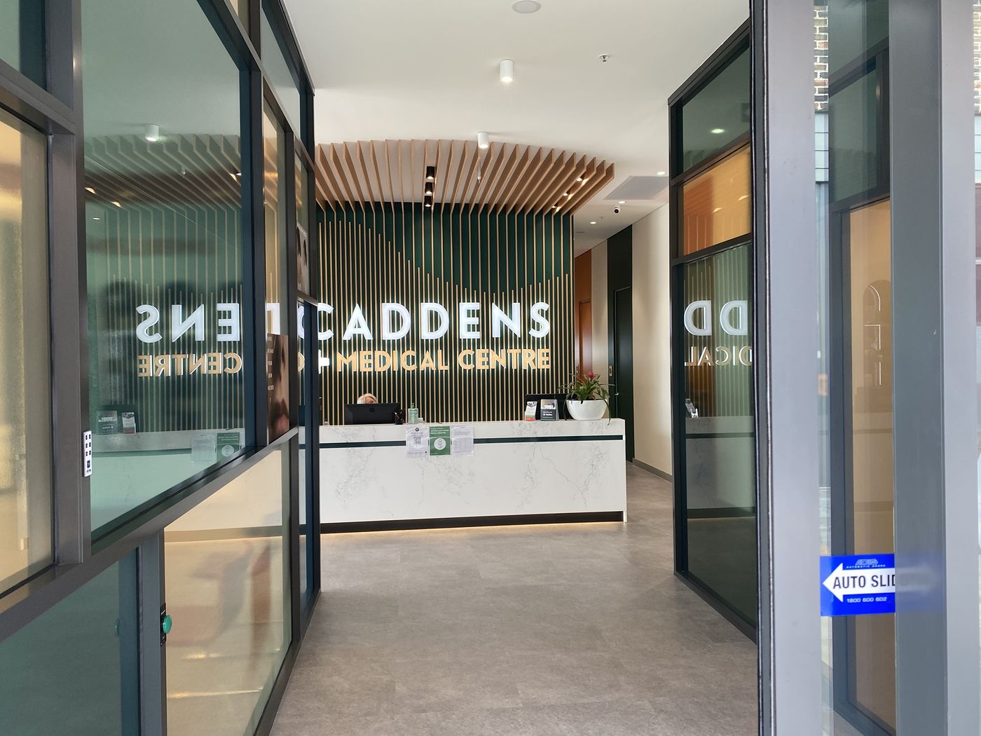 View through the entrance doors to reception