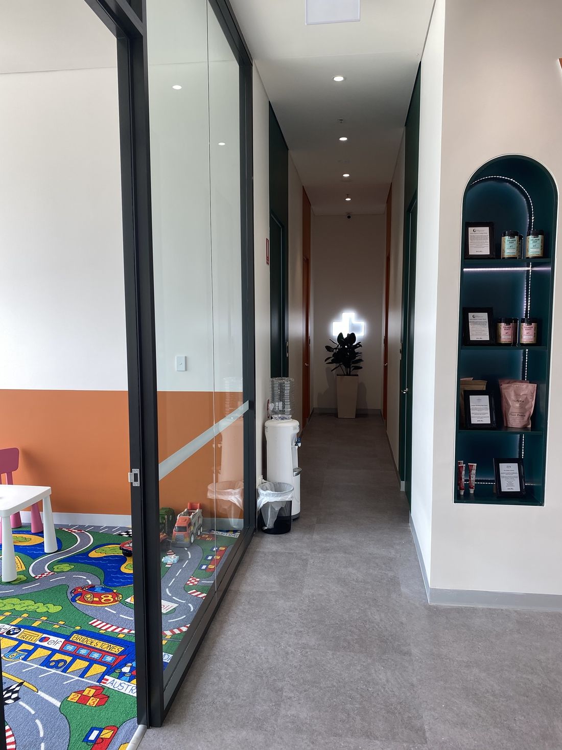 Hallway to the consulting rooms beside the children's play area