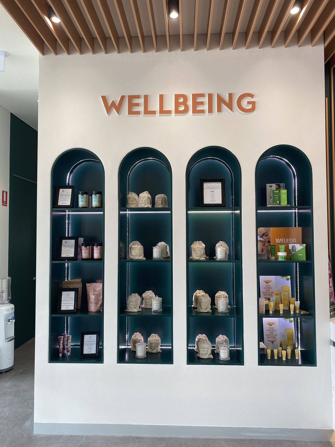 Arched wellbeing display shelves